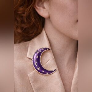 Purple Moon Crescent Gold Brooch